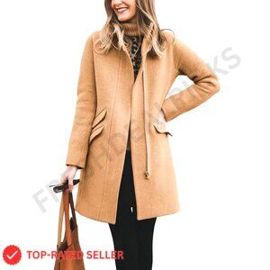 Classic Wool Blend Pea Coat Long Jacket Elegant Winter Casual Zip Up